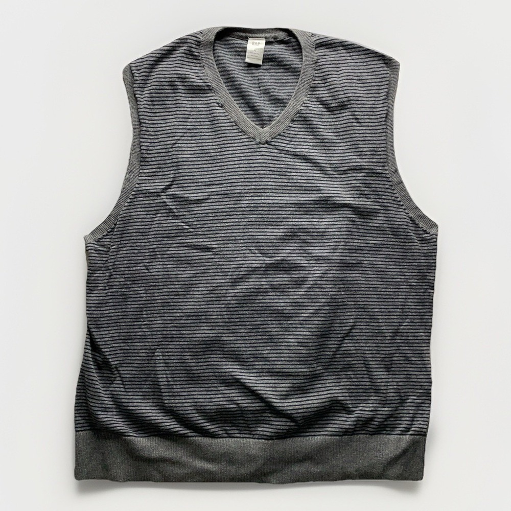Vintage 90s GAP Striped Knit Vest Mens XL Gray Navy Preppy Cotton Y2K Sweater
